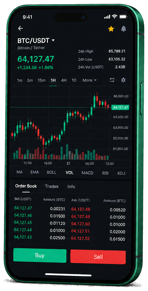 KaufarikPro mobilní obchodní platforma — živý graf BTC/USDT, kniha objednávek a rozhraní nákupu/prodeje